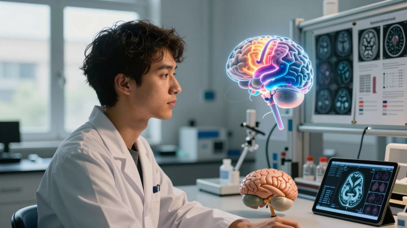 Pesquisador em laboratório analisando imagens digitais e modelo físico do cérebro humano em computador.