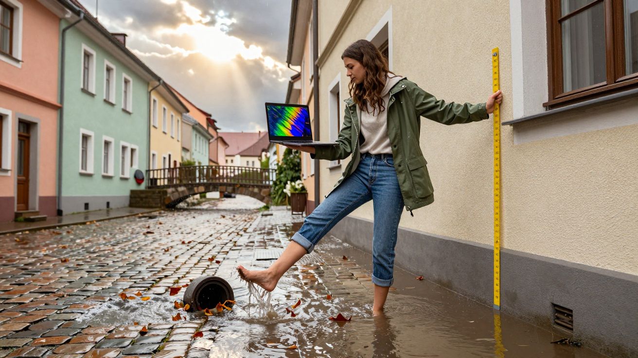 Mulher mede nível de água em rua alagada enquanto usa laptop em dia nublado, vestindo jaqueta verde e jeans.