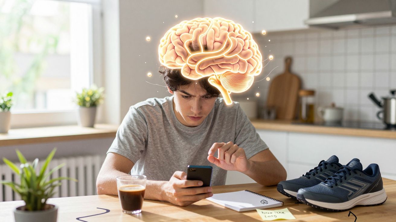 Jovem sentado em cozinha usando celular, com ilustração de cérebro iluminado acima da cabeça.