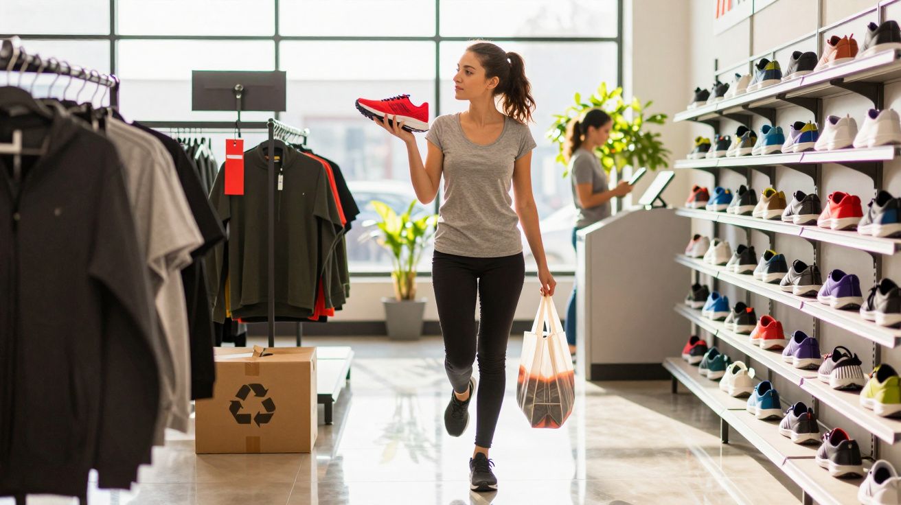 Mulher jovem segurando tênis vermelho enquanto caminha em loja de roupas e calçados esportivos.