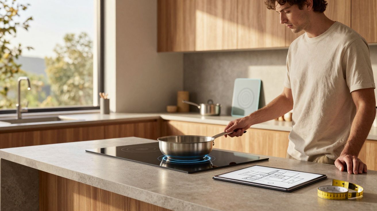 Homem cozinhando em fogão de indução na cozinha moderna com tablet e fita métrica na bancada.