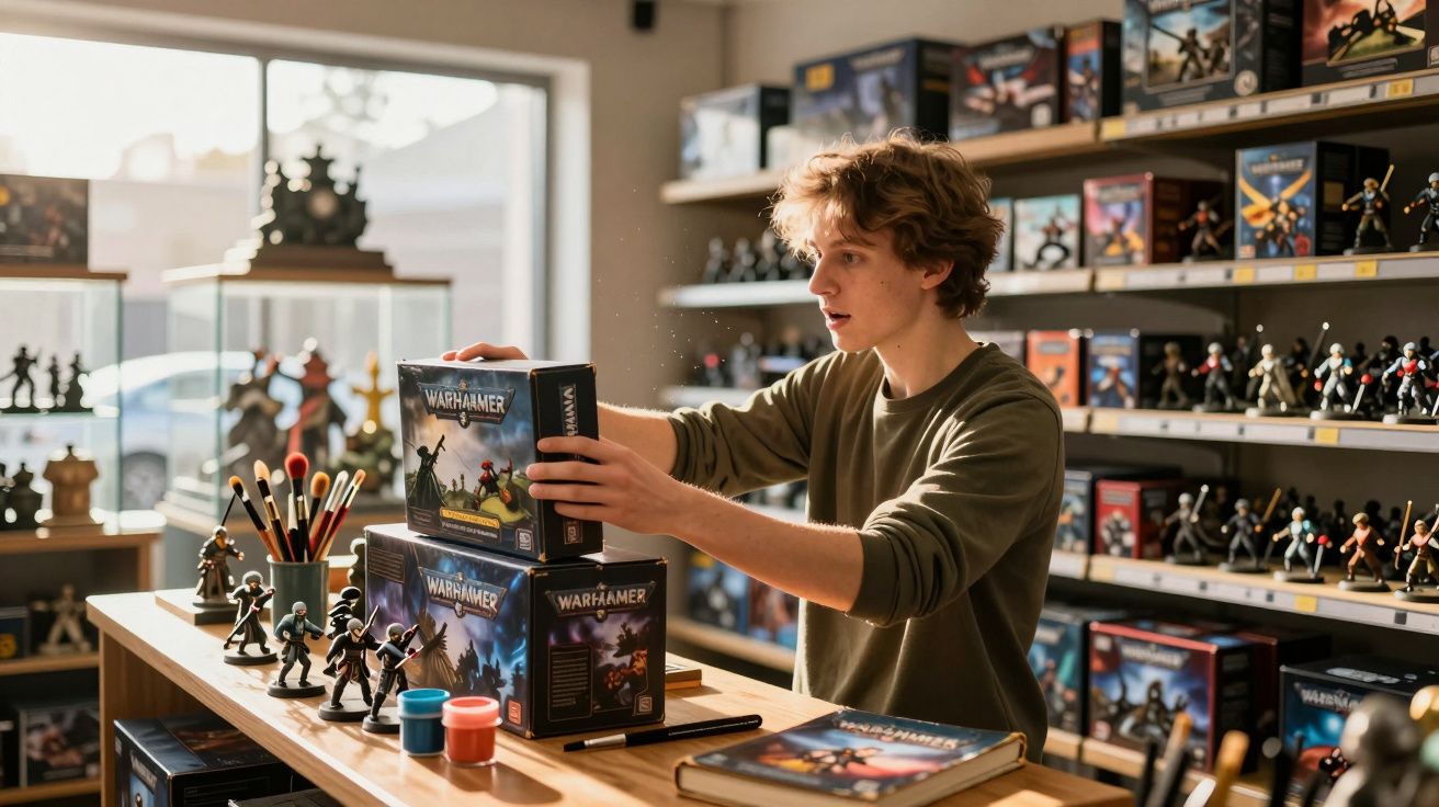 Jovem empilhando caixas de Warhammer em loja com miniaturas e tintas para pintura sobre mesa de madeira.