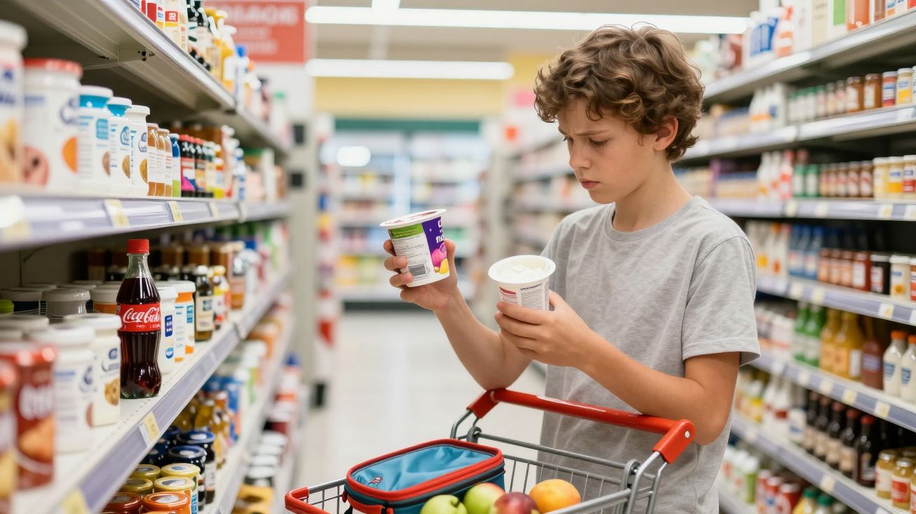Menino em supermercado segurando dois potes de iogurte, com carrinho de compras cheio de frutas.