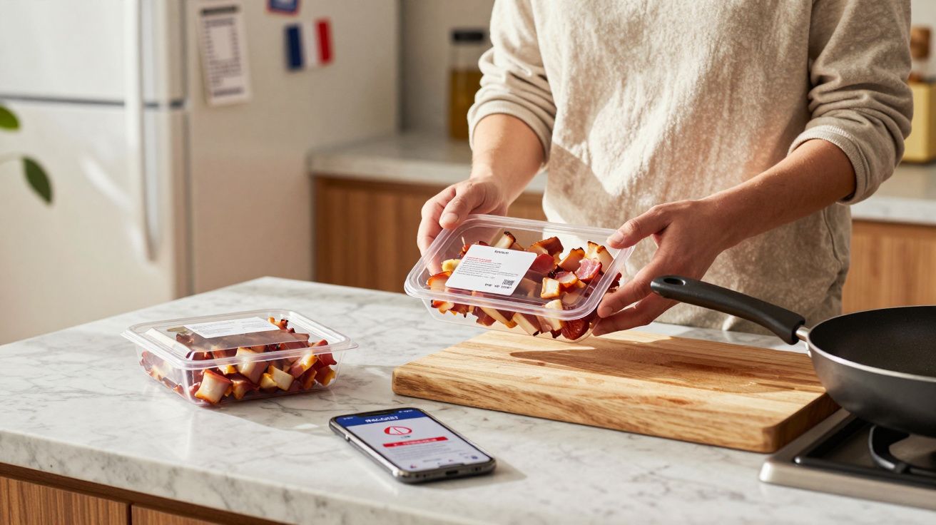 Pessoa segurando embalagem de alimento sobre bancada com tábua de corte, celular e frigideira na cozinha.