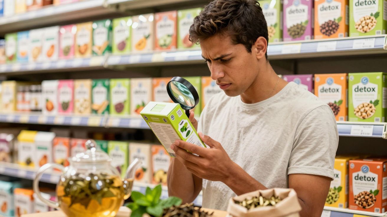 Homem jovem em loja analisando detalhe de embalagem de chá com lupa.