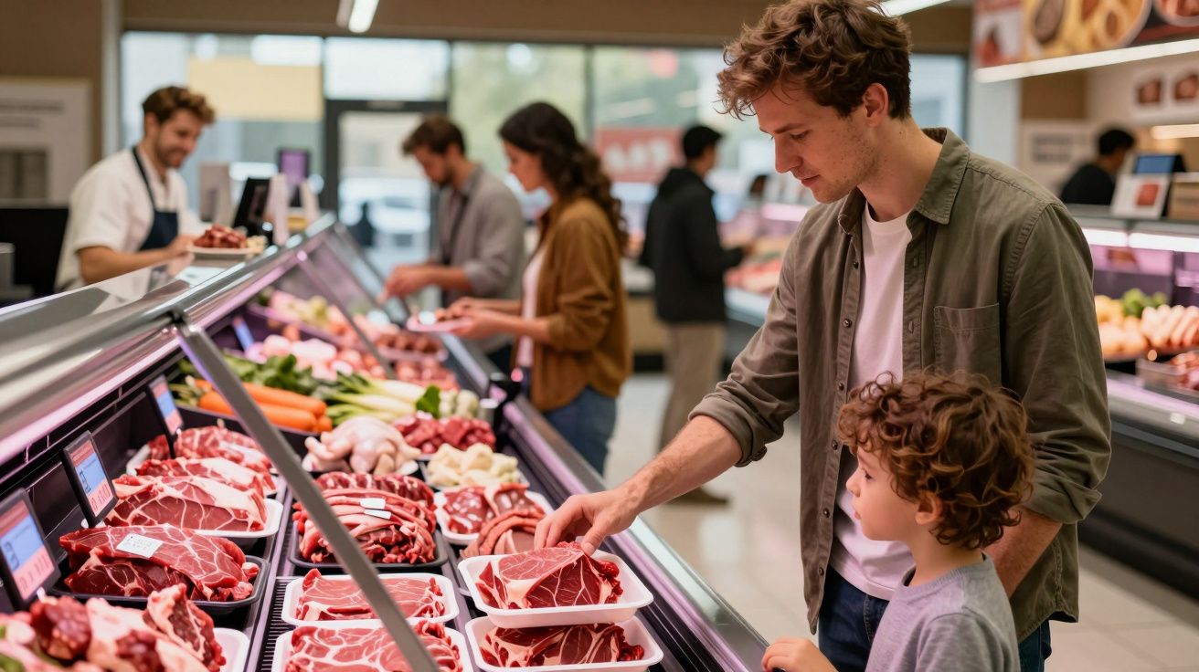 Pai e filho escolhem cortes de carne em açougue de supermercado com atendente ao fundo.