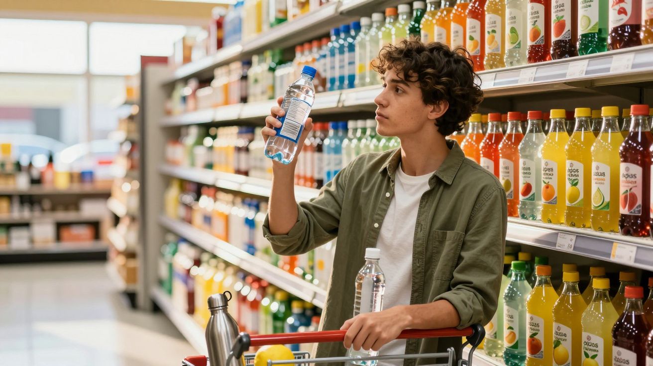 Jovem analisando uma garrafa de água em corredor de supermercado com carrinho de compras.