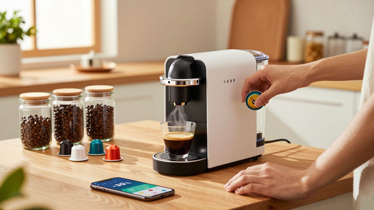 Pessoa preparando café em máquina de cápsulas ao lado de frascos com grãos e celular em bancada de madeira.