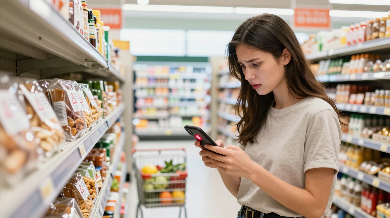Mulher olhando com dúvida para o celular enquanto faz compras em corredor de supermercado.
