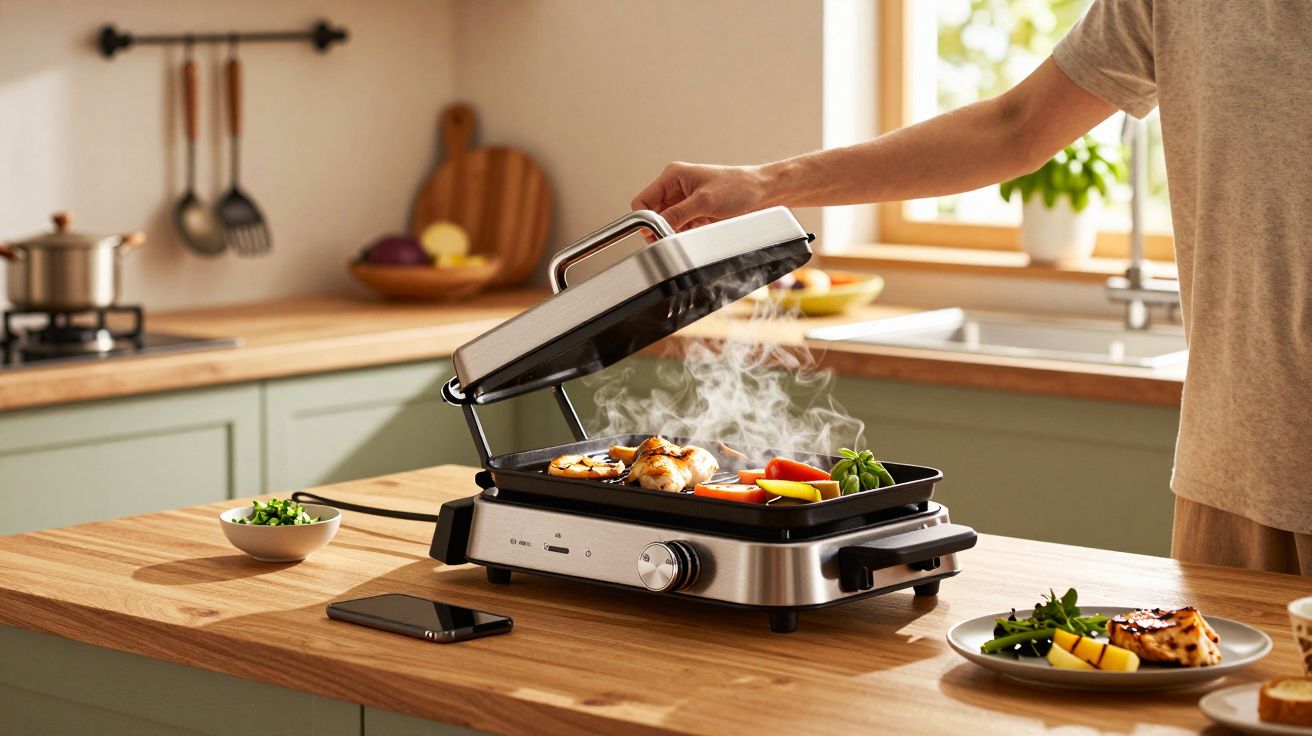 Pessoa abrindo grill elétrico com legumes e frango cozinhando em bancada de cozinha moderna.