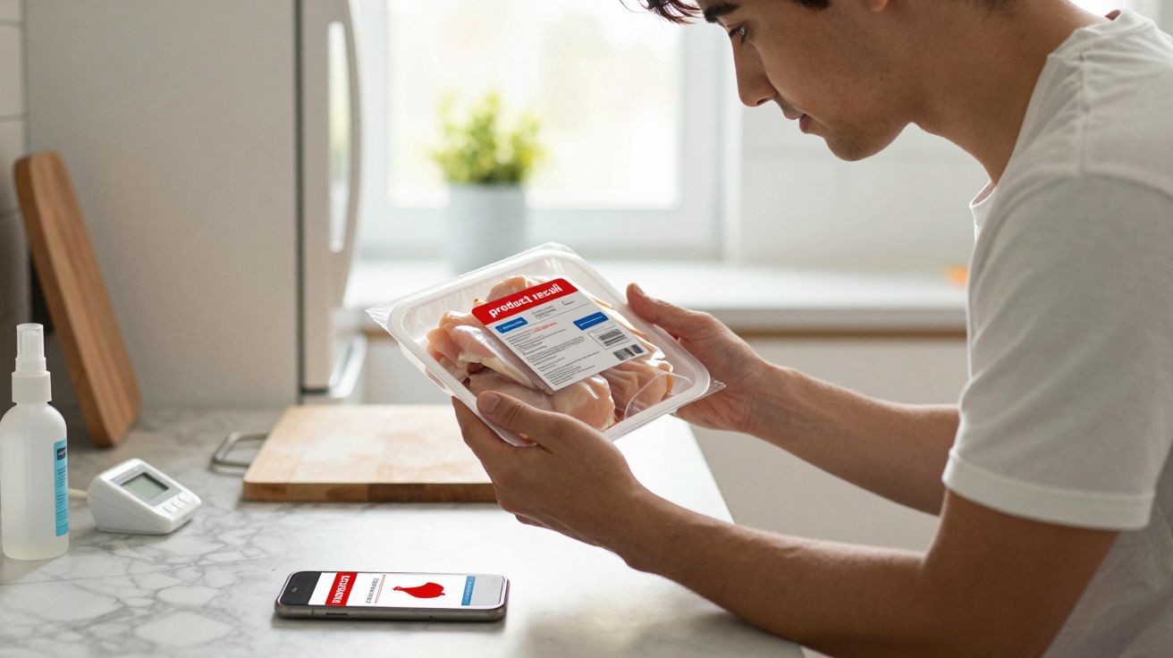 Homem segurando embalagem de frango com alerta de recall em rótulo, conferindo no celular na cozinha.