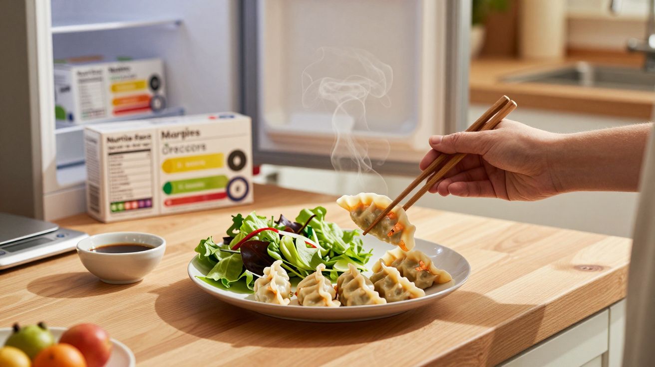 Prato com salada e guioza quente sendo pego com hashis em cozinha clara.