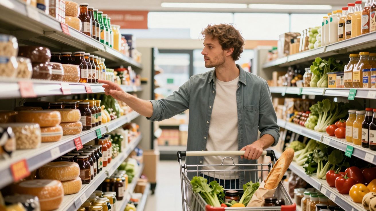 Homem jovem escolhe produtos em prateleira de supermercado enquanto empurra carrinho de compras.