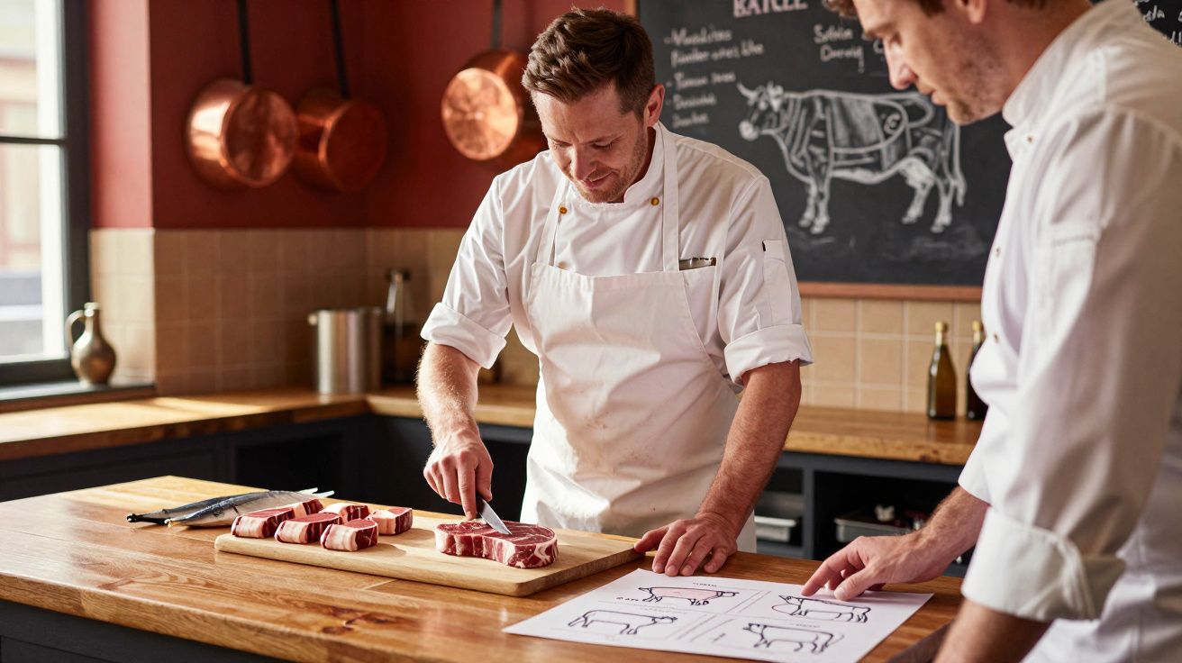 Dois chefs em cozinha profissional cortam bifes e analisam desenhos de partes do boi.