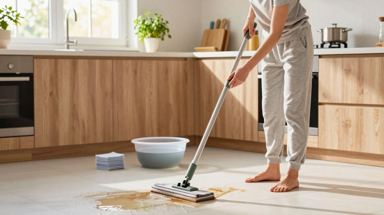 Pessoa limpando piso da cozinha com esfregão e balde com água, ambiente iluminado e arejado.