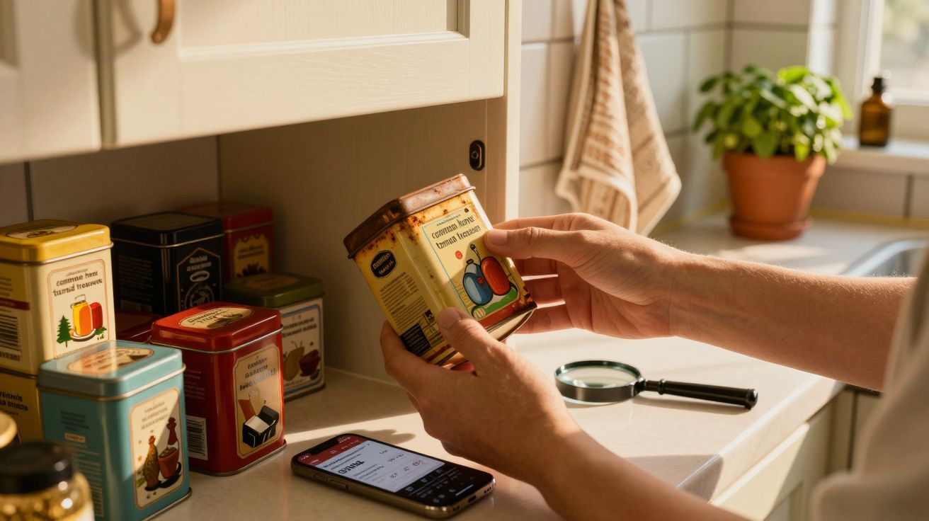 Pessoa segurando lata antiga de chá em cozinha com várias latas e smartphone na bancada.