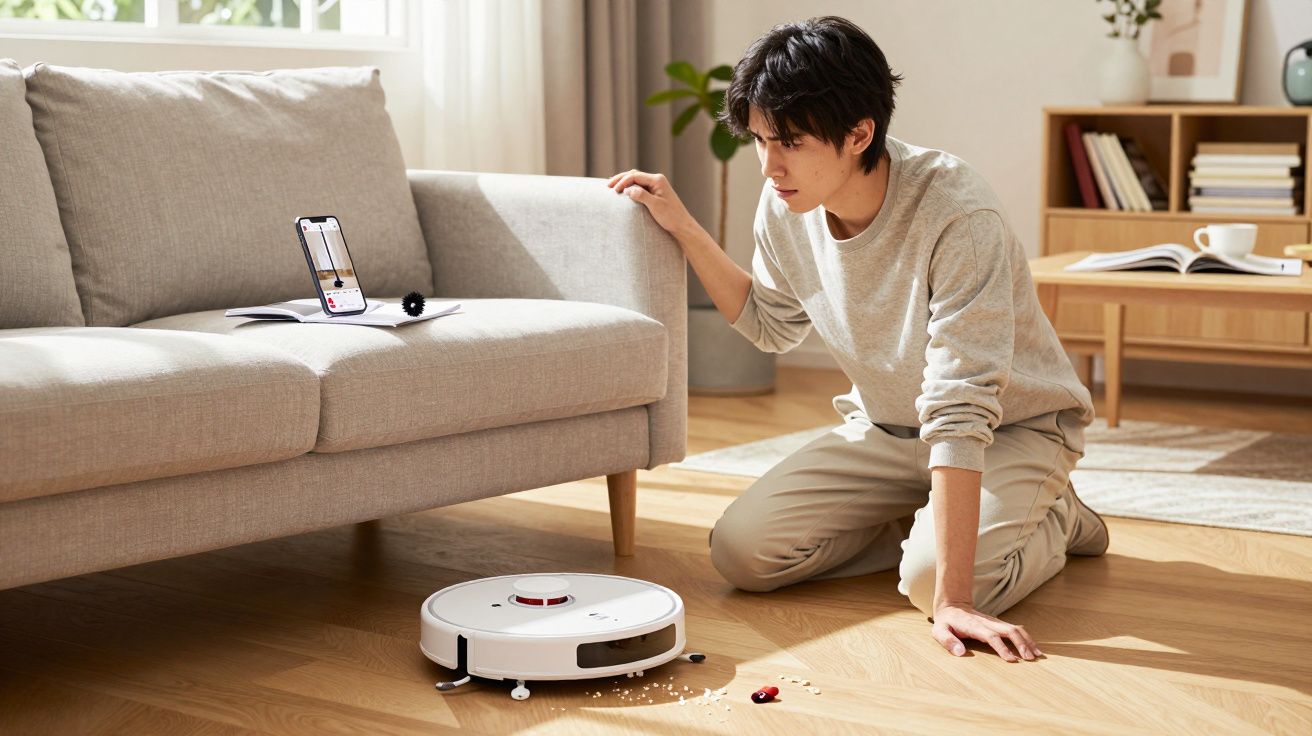 Homem observa aspirador robô limpando sujeira no chão da sala perto do sofá cinza.