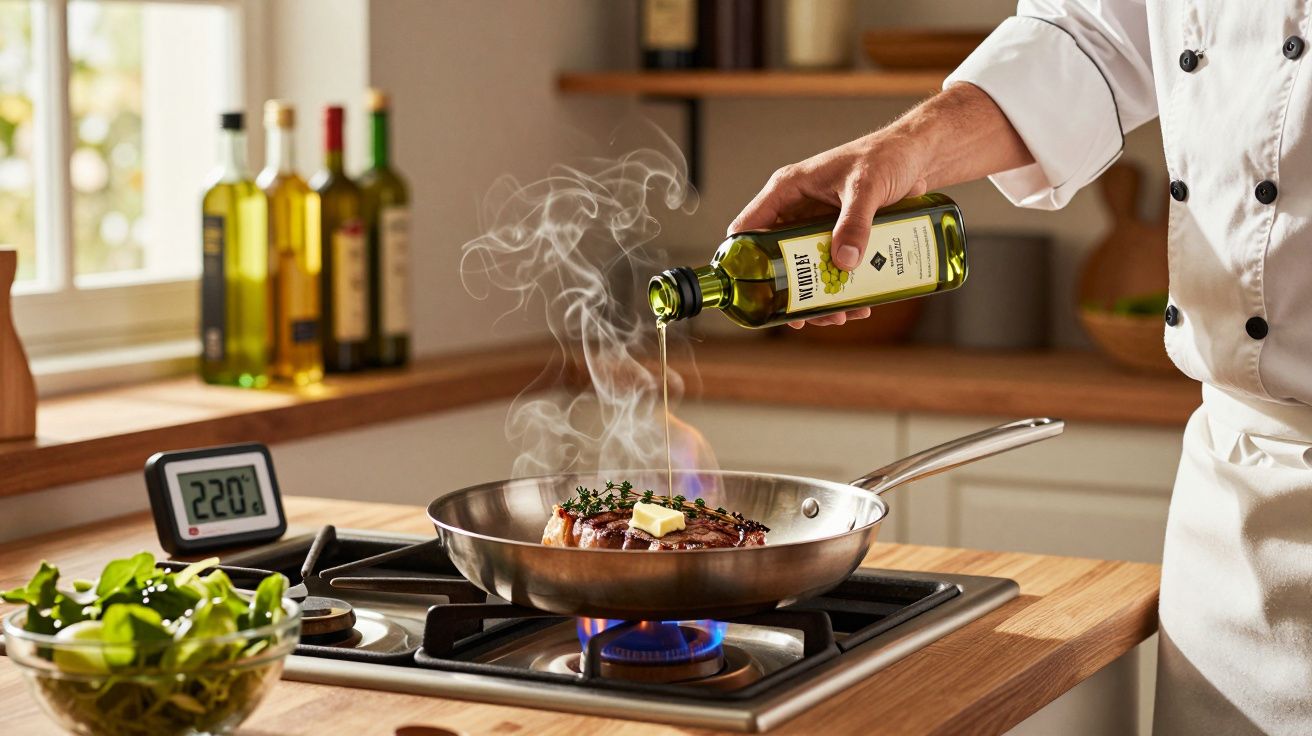 Pessoa derramando azeite em bife na frigideira sobre fogão com chama azul e termômetro marcando 220°C.