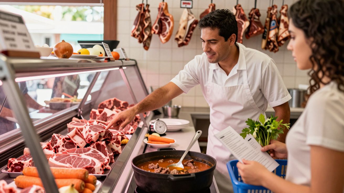 Balcão de açougue com carnes expostas, açougueiro atendendo cliente com cesta e lista de compras.