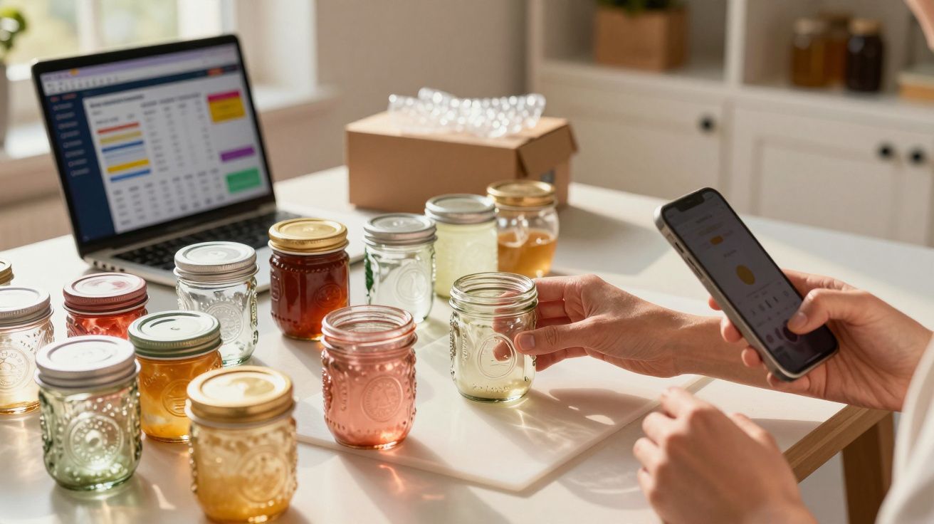 Pessoa segurando pote de vidro com líquido claro e celular, ao lado de vários potes e notebook com planilha aberta.
