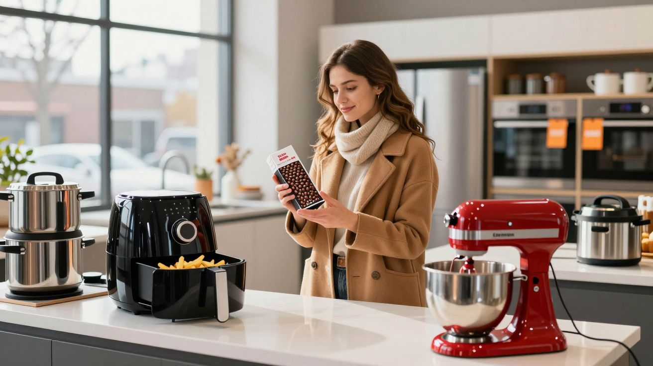 Mulher em cozinha moderna segura embalagem, perto de fritadeira elétrica com batatas e eletrodomésticos vermelhos.