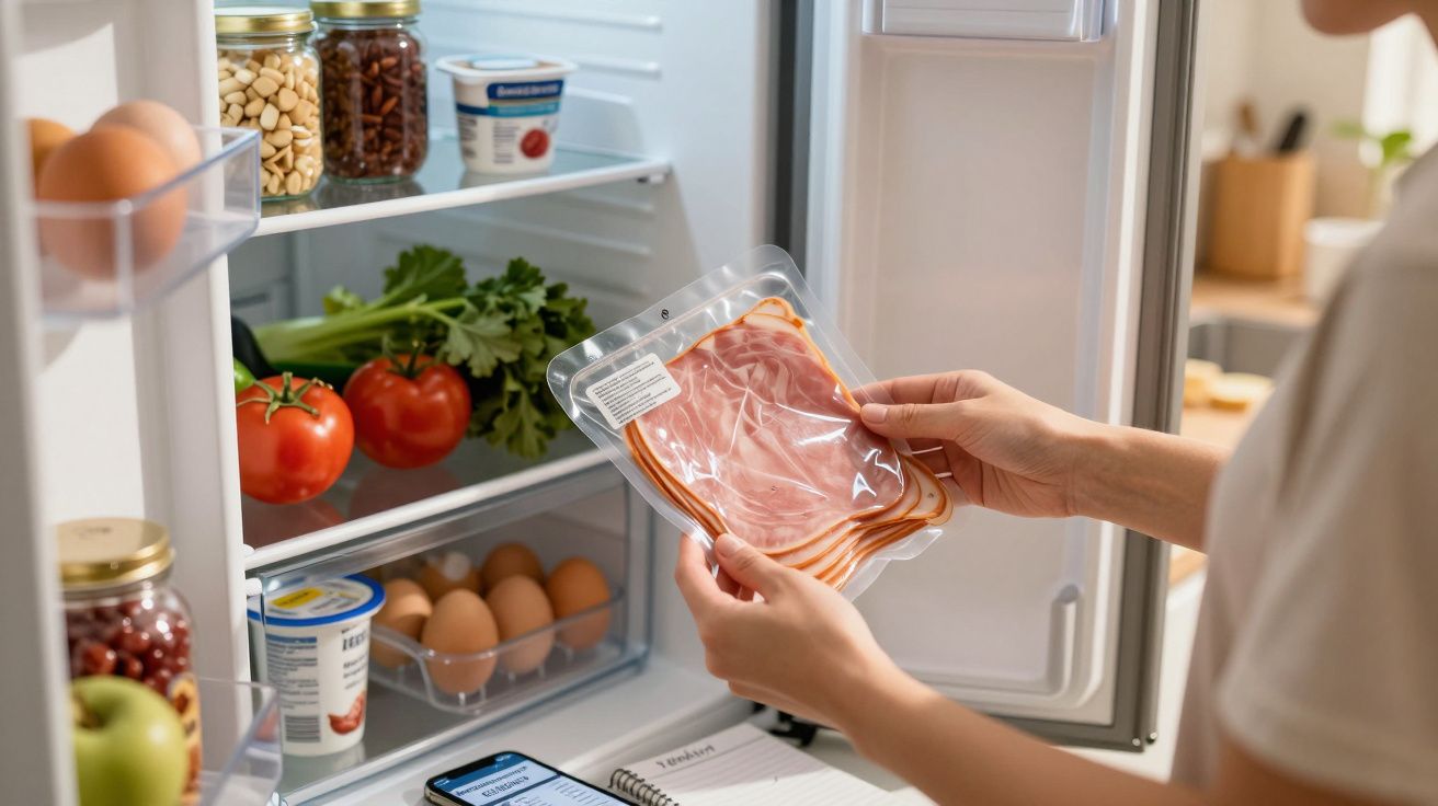 Pessoa segurando pacote de presunto diante de geladeira aberta com ovos, tomates, iogurte e temperos.