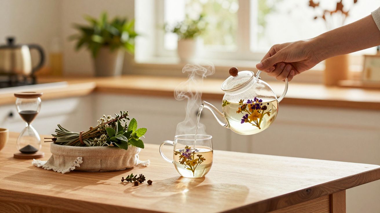 Mão despejando chá quente de flores em bule de vidro para xícara com vapor sobre mesa de madeira clara.