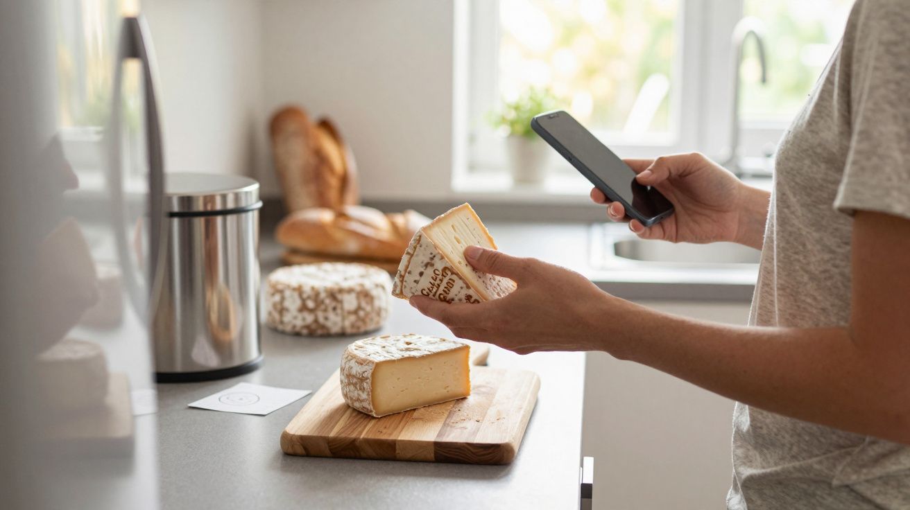Pessoa segurando queijo e smartphone em cozinha ao lado de queijos e pães sobre bancada.