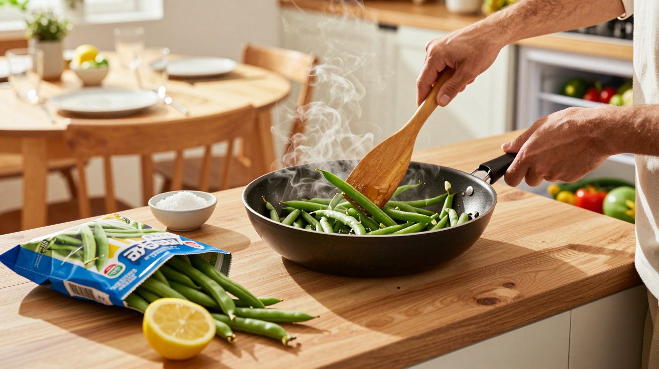 Pessoa cozinhando vagem na frigideira com saco aberto de vagem e limão sobre bancada de cozinha.