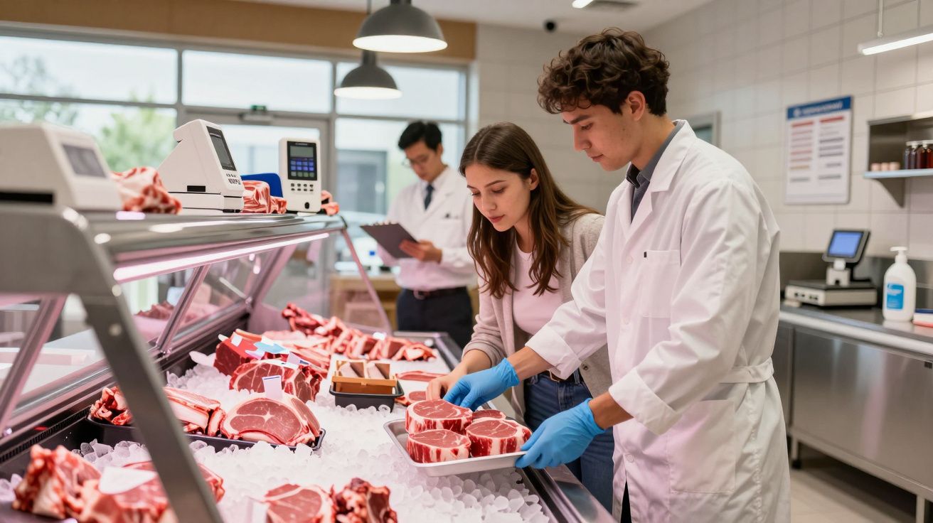 Dois profissionais analisam cortes de carne em açougue, enquanto um terceiro faz anotações ao fundo.