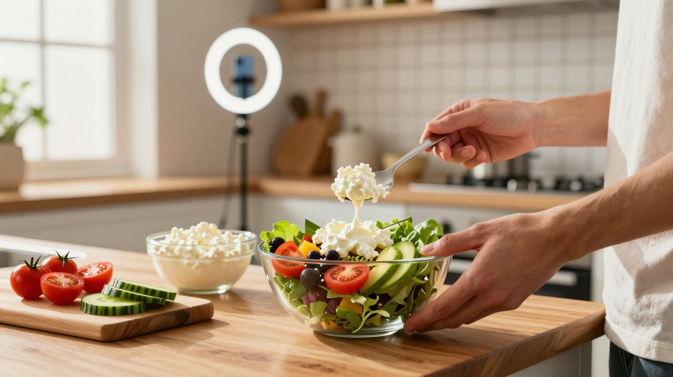 Pessoa colocando queijo cottage em salada fresca com tomate, pepino e folhas verdes na cozinha.