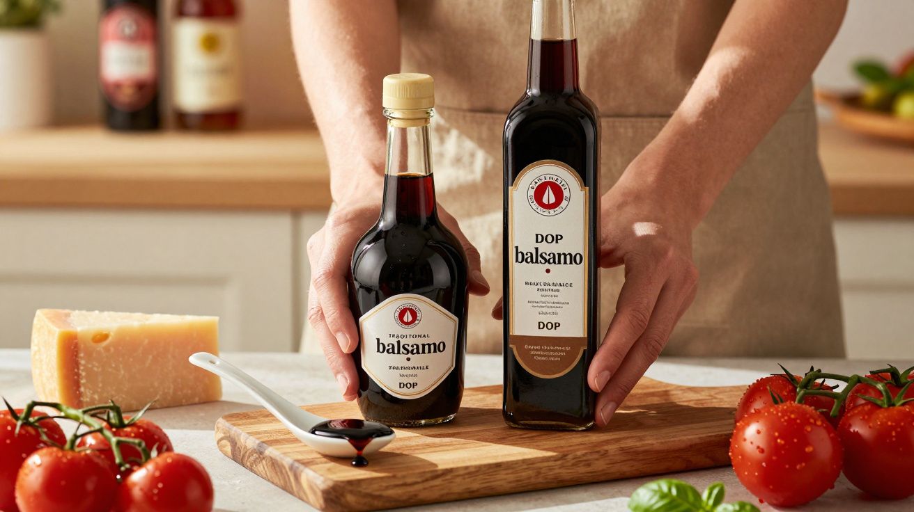 Pessoa segurando garrafas de vinagre balsâmico, com tomates, queijo e colher sobre bancada de cozinha.