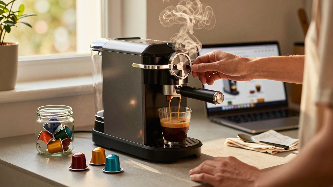Mão ajusta cafeteira expresso preparando café, com cápsulas coloridas e laptop ao fundo em cozinha iluminada.