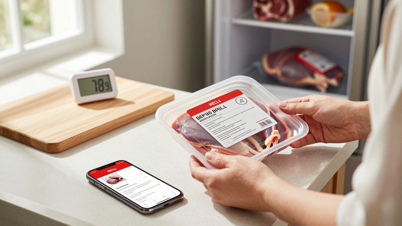 Pessoa segurando embalagem de carne com etiqueta digital na cozinha ao lado de celular e balança digital.