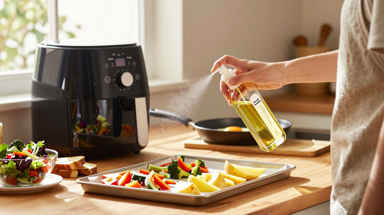 Pessoa borrifando óleo em uma assadeira com legumes variados em cozinha iluminada.