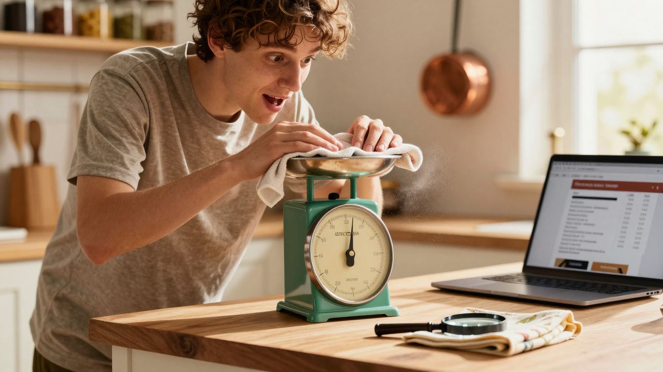 Jovem surpreendido observa peso em balança antiga na cozinha ao lado de laptop aberto.