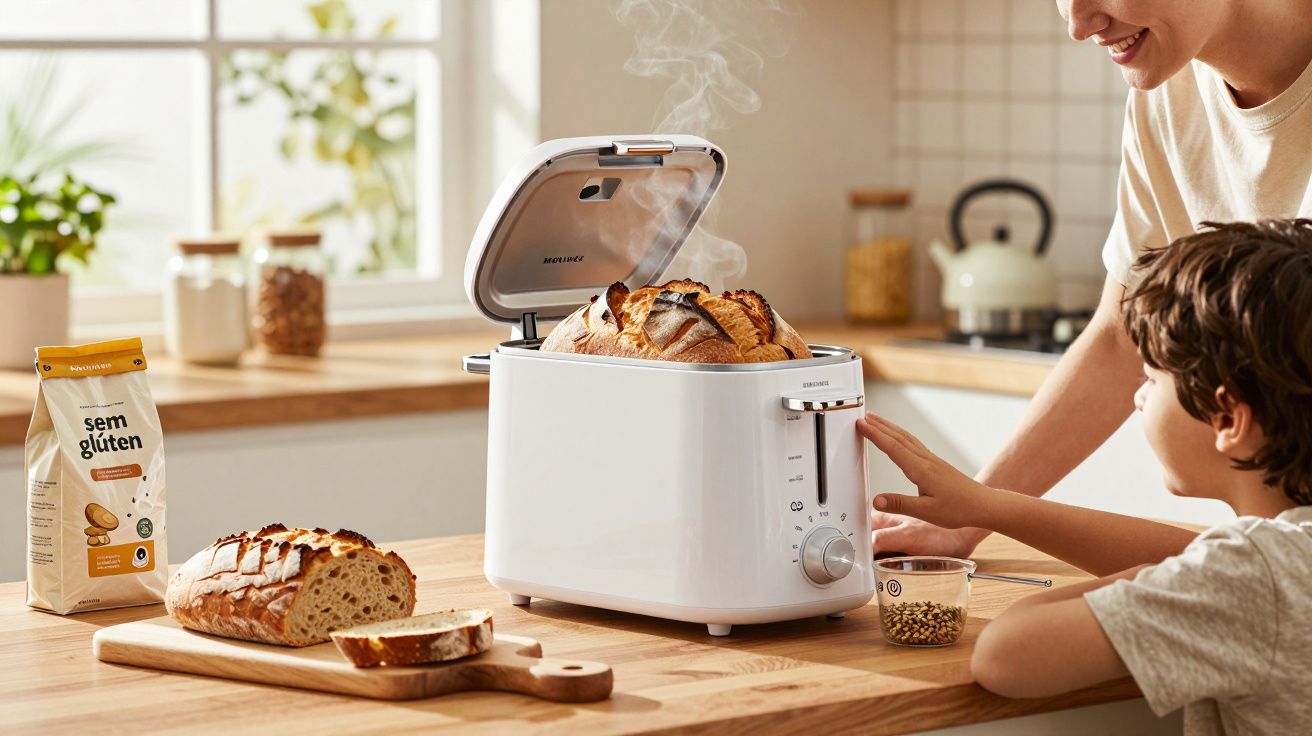 Pão sem glúten saindo quente de torradeira branca na cozinha, criança e adulto sorrindo próximo.