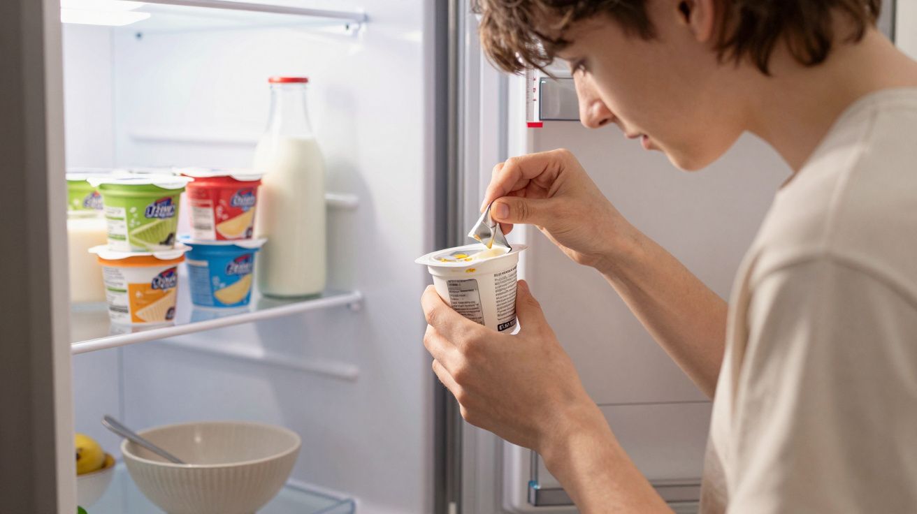 Pessoa segurando pote de iogurte com colher em frente à geladeira aberta com vários iogurtes e uma garrafa de leite.