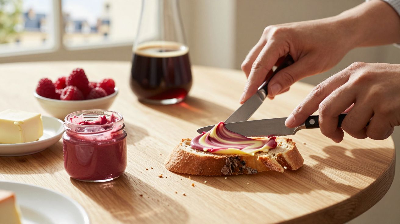 Pessoa espalhando creme de frutas vermelhas e manteiga em fatia de pão sobre mesa de madeira.