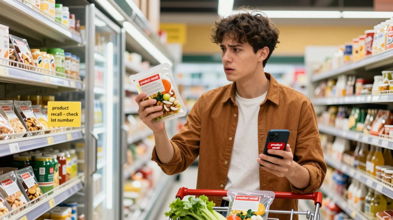 Jovem no supermercado verificando produto com aviso de recall enquanto segura celular com mesma mensagem.