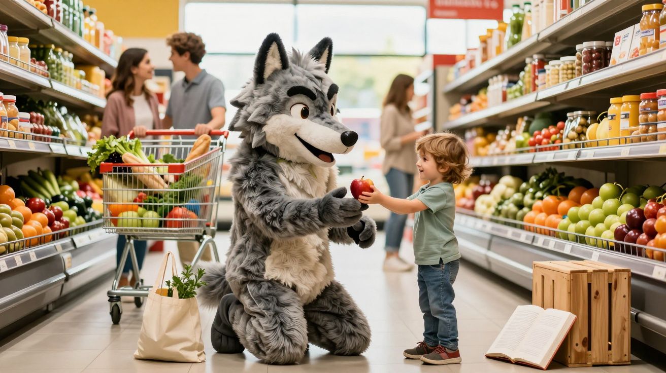Criança entrega maçã para pessoa fantasiada de lobo em supermercado com frutas nas prateleiras.