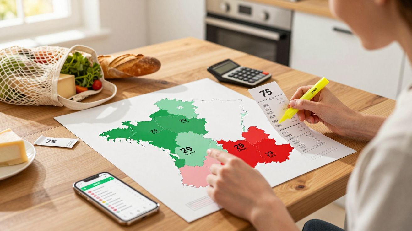 Pessoa destaca dados em gráfico colorido de mapa da França sobre mesa com calculadora, celular e alimentos.