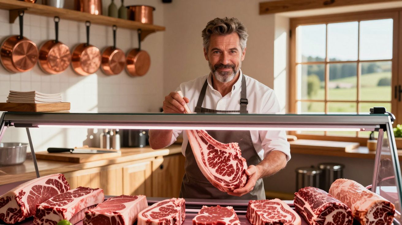 Homem sorridente segurando um pedaço de carne bovina em açougue com várias carnes expostas no balcão.