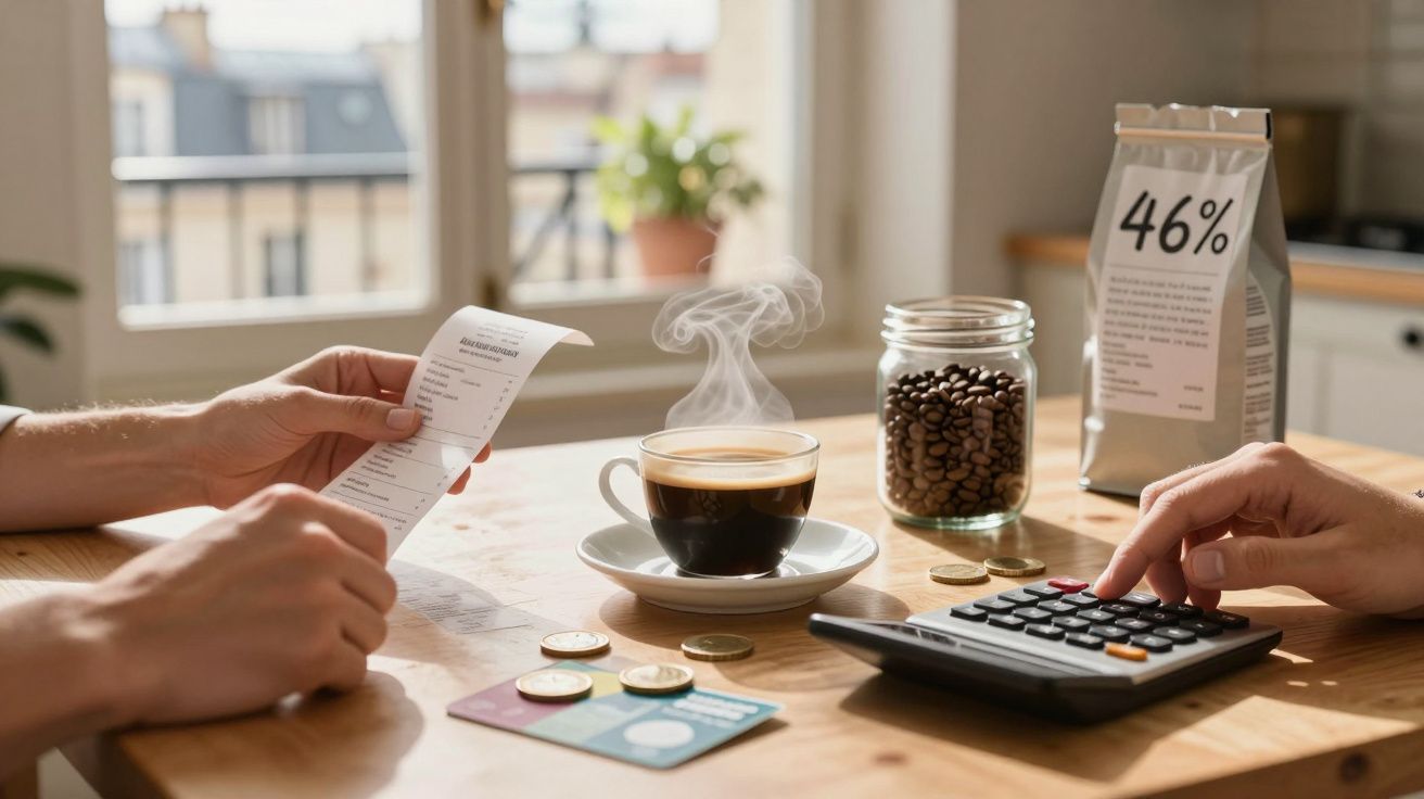 Pessoa segurando recibo enquanto outra usa calculadora perto de café quente, moedas e cartão em mesa.