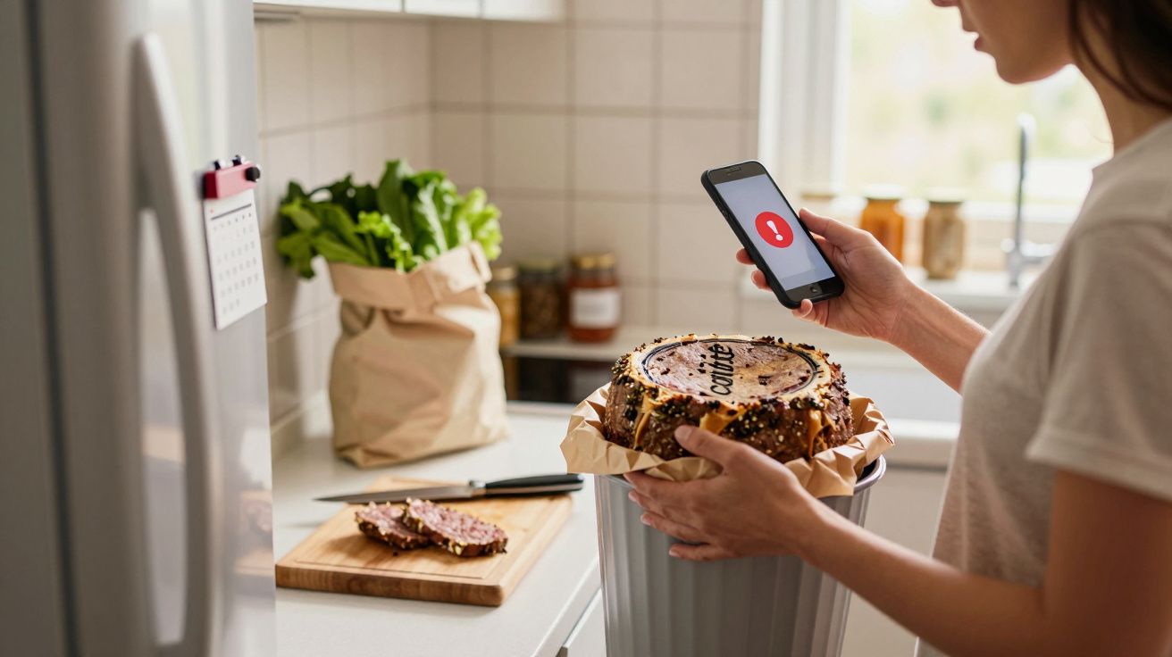 Pessoa descartando bolo no lixo enquanto vê notificação de alerta no celular em cozinha.