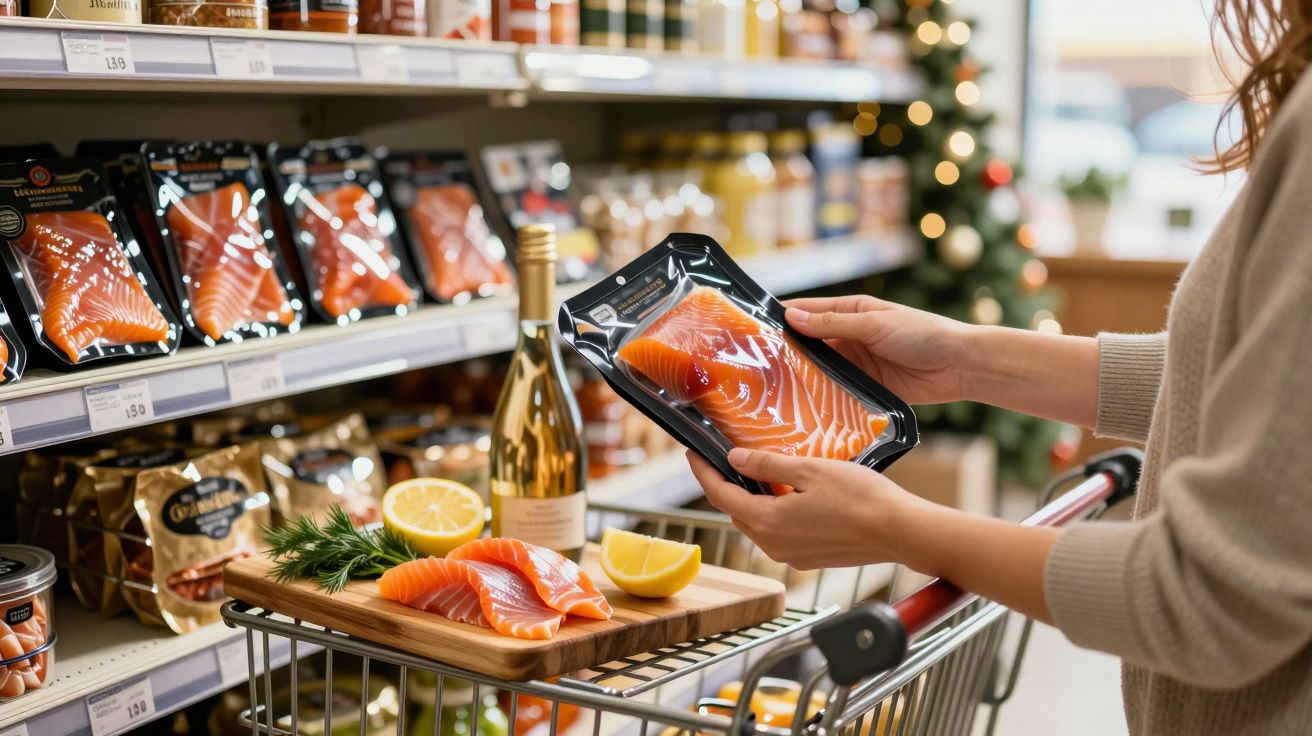 Pessoa segurando embalagem de salmão fresco enquanto faz compras em mercado, com tábuas e limão no carrinho.