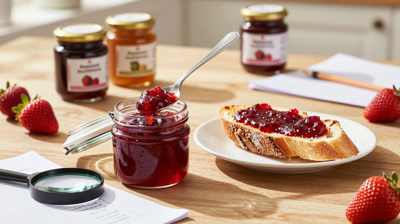 Geleia de morango em pote aberto com colher, fatia de pão com geleia, morangos e papéis sobre mesa de madeira.