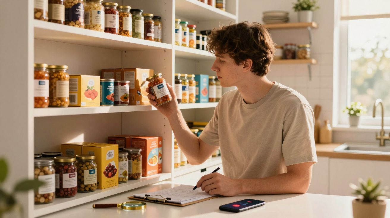 Jovem analisando um pote de alimentos em prateleira de despensa organizada, com caderno e celular na mesa.