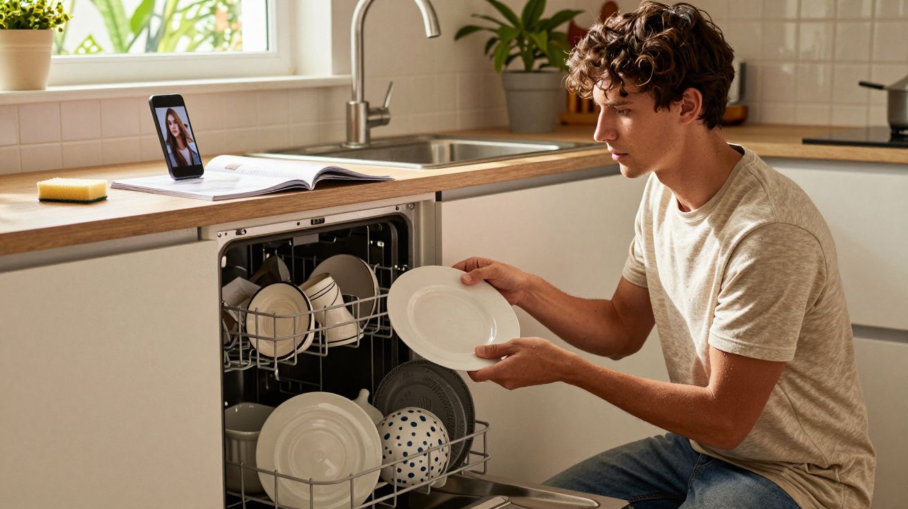 Jovem colocando pratos na lava-louças enquanto faz videochamada em smartphone na cozinha.