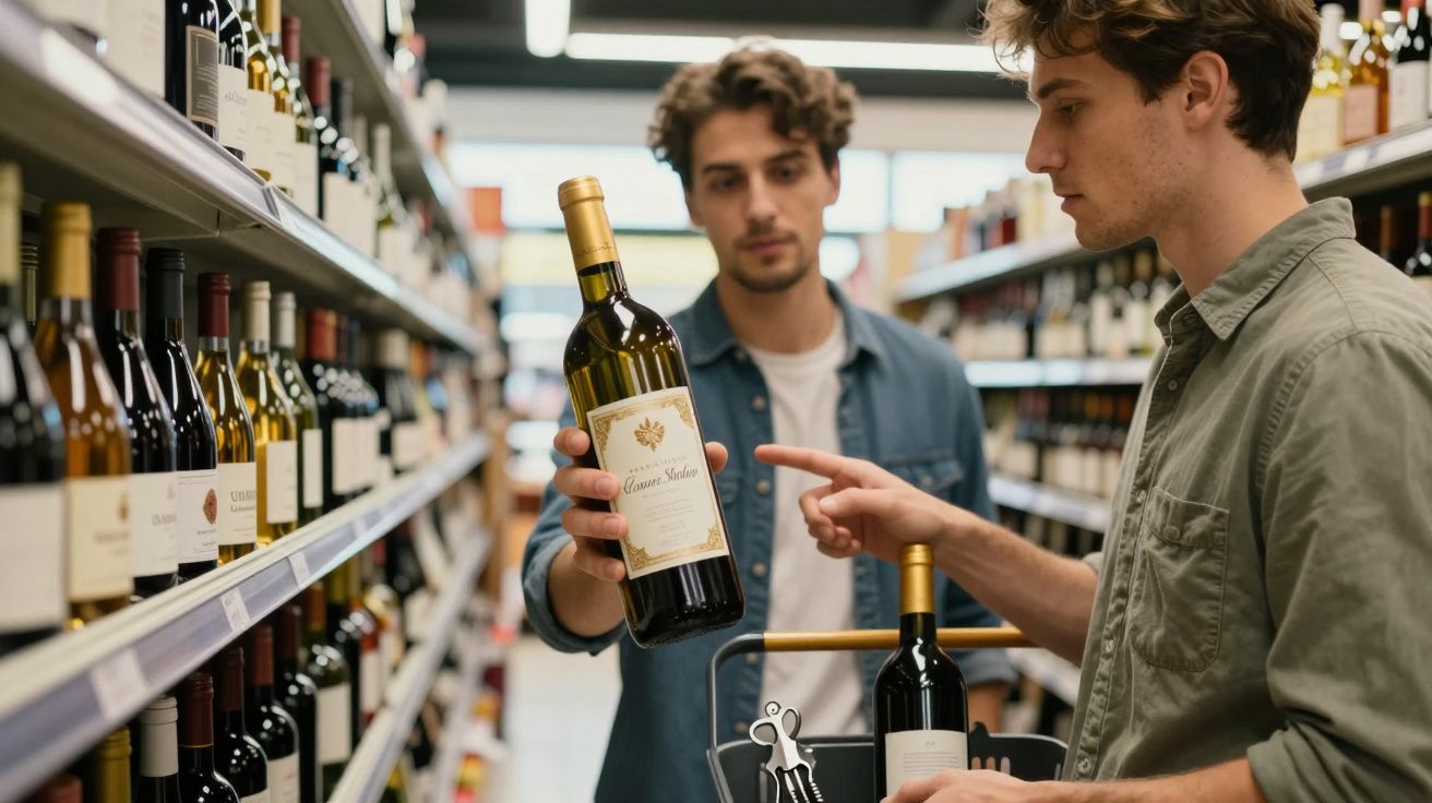 Dois jovens homens escolhendo vinho em prateleira de loja, um segura garrafa, outro aponta para ela.